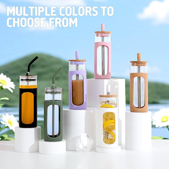 Kodrine 24oz Glass Tumbler with 2 Lids and Straws, Glass Cup With Bamboo Lid and On-the-go Lid, Reusable Iced Coffee Cup, Ideal for Smoothie, Cold Drinks, Fit Cup Holder, BPA Free(1, Amber)