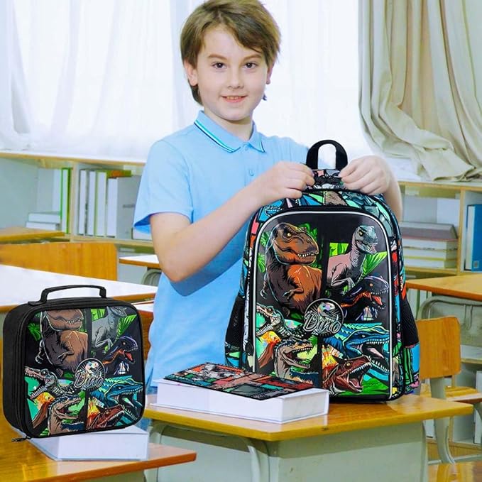 CCJPX 3PCS Dinosaur Backpack for Boys, 16 Inch Water Resistant Preschool Bookbags, Cool Kindergarten School Backpacks and Lunch Box