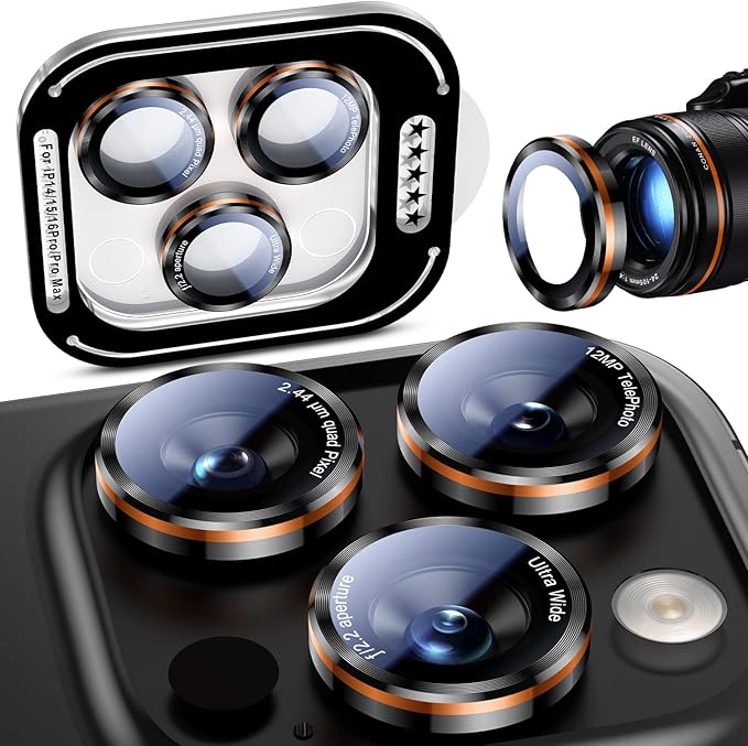 Uyiton for iPhone 17 Pro Max/17 Pro/16 Pro Max/16 Pro/15 Pro Max/15 Pro/14 Pro Max/14 Pro Camera Lens Protector - Military-Grade Tempered Glass Metal Camera Cover, Easy to Install,Black+Orange