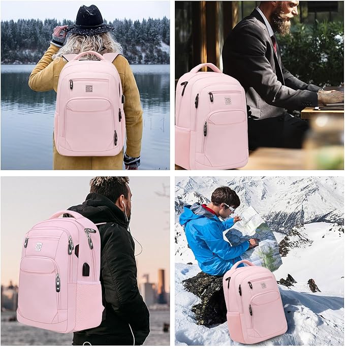 Laptop Backpack,Business Travel Anti Theft Slim Durable Laptops Backpack with USB Charging Port,Water Resistant College Computer Bag for Women & Men Fits 15.6 Inch Laptop and Notebook-Light Pink