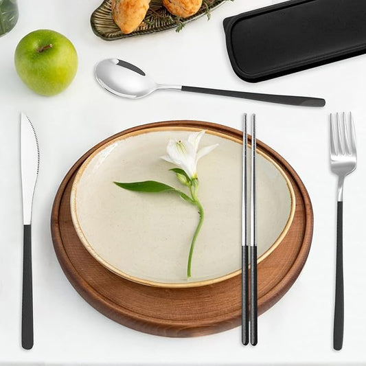 Reusable Utensils with Case, Travel Silverware Set with Case, 18/8 Stainless Steel Flatware Set Include Knife Forks Spoons Chopsticks Portable Cutlery Set for Lunch Box Office Picnic Daily Eating