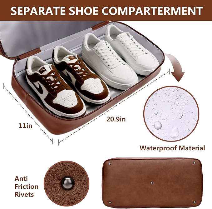 4PCS Duffle Bag for Travel, Weekender Overnight Bag for Women & Men, Large Leather Duffel Carry On with Shoe Compartment, Gym Sports Bag (Brown)