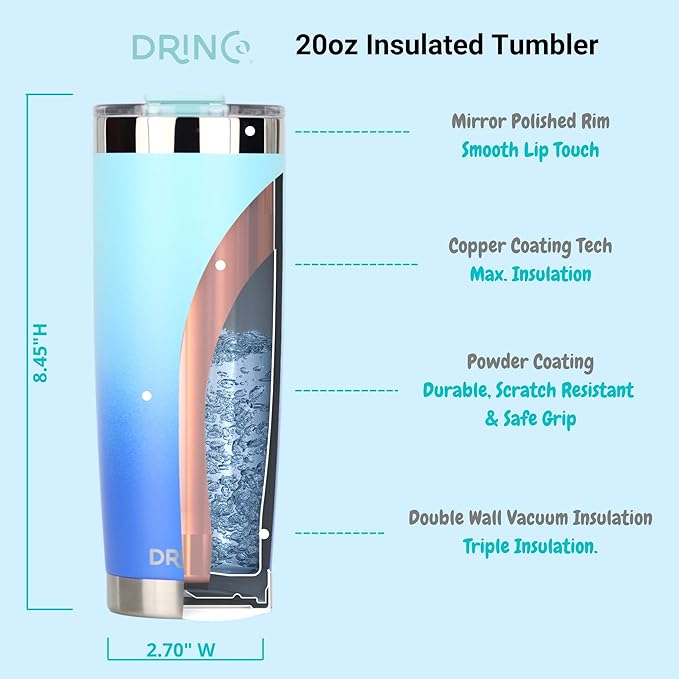 Drinco - 20 oz Stainless Steel Tumbler | Double Walled Vacuum Insulated Mug With Lid, 2 Straws, For Hot & Cold Drinks (20oz Morning Sky Blue, 20oz)