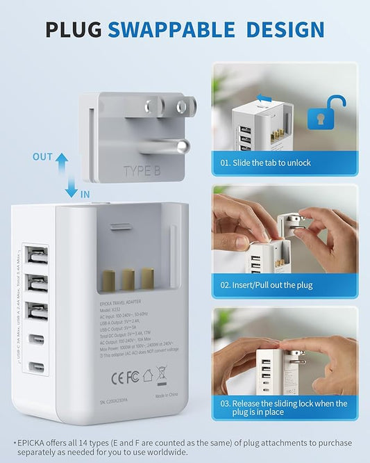 EPICKA US Travel Adapter, Universal Plug Adapter with 2 AC Outlets, 3 USB-A & 2 USB-C Ports, Ultra Compact Swap&Adapt Type B Plug Attachment, Grounded Adapter for Canada, Mexico, Philippines (X232B)