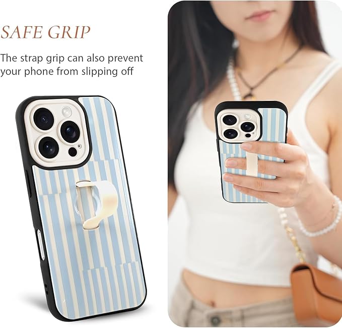 Compatible with iPhone 16 Pro Case with Finger Hand Strap Kickstand, Trendy Cool Striped Phone Case for Women Men, Full Camera Protection Shockproof Protective Cover, White and Blue Stripes