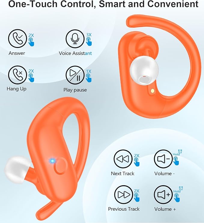 MOZOTER Wireless Earbuds Bluetooth Headphones Sport,Over Ear Buds with Deep Bass Sound,60Hrs Playtime Earphones Redesigned Comfort Fit with Earhooks for Running,Meeting,Workout- Orange