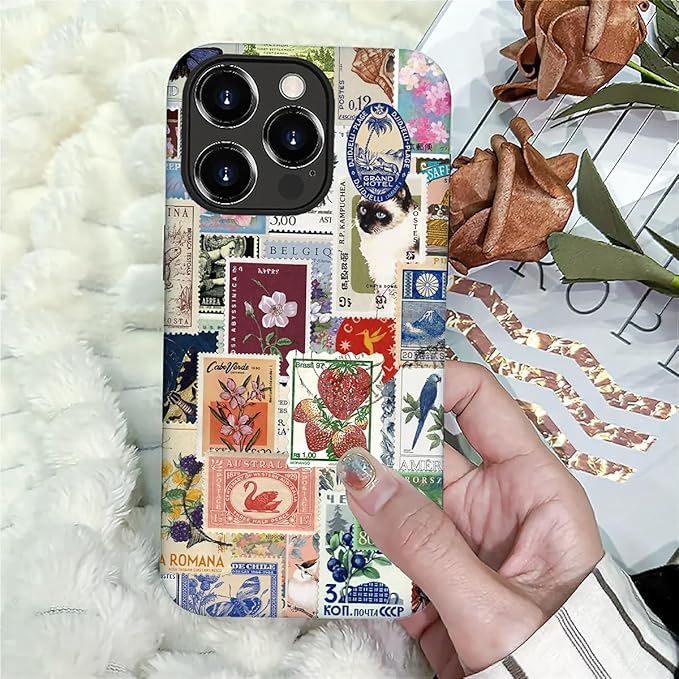 Case for iPhone 16 Pro,Vintage Stamp Collage for Woman Men Full Body Protective Cover Shockproof 2 in 1 Silicone + Hard PC Case for iPhone 16 Pro