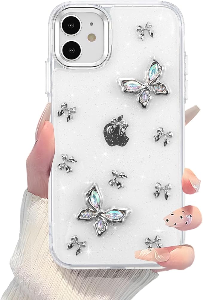EYZUTAK Case for iPhone 11, Bling Glitter 3D Butterflies Bowknot Phone Case Cute Crystal Clear Bow Aesthetic Case Slim Soft Durable TPU Transparent Protective Cover for Women Girls - Butterfly