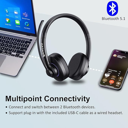 Bluetooth Headset with Noise Cancelling Microphone & Mic Mute, 30H+ Talking Time Wireless Headset V5.1 Bluetooth Headphone for Work/Ms Teams/Zoom/Cell Phone/Laptop/Call Center/Office/Home