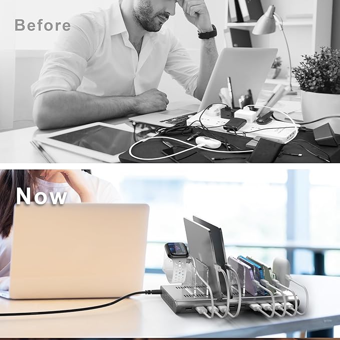 Unitek Multi iPad Charging Station - 10 Port USB Charging Station for Multiple Devices, Fast Charging Dock Cell Phone Organizer for iPhone, iPad, Android, Tablets - Silver