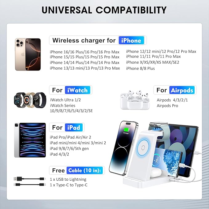 Wireless Charger for iPhone - 5 in 1 Charging Station for Multiple Devices Apple: Fast Wireless Charging Stand Dock for iPhone 16e 16 15 14 13 12 Pro Max Apple Watch Airpods(White)