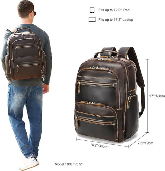 LANNSYNE Vintage Mens Full Grain Leather Backpack Fits 17.3 Inch Laptop, Large Casual Rucksack Shoulder Bag For Travel/Camping/Hiking-Brown