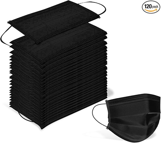 Wecolor 120 Pack Disposable Face Masks with Elastic Ear Loop, 3 Ply Breathable (Black)