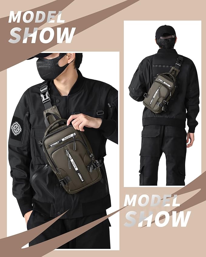 Khaki Sling Crossbody Backpack Shoulder Messenger Bag for Men, Mini Anti Theft One Strap Motorcycle Backpack Sling Tactical Chest Bag for Hiking Walking Biking Travel Cycling