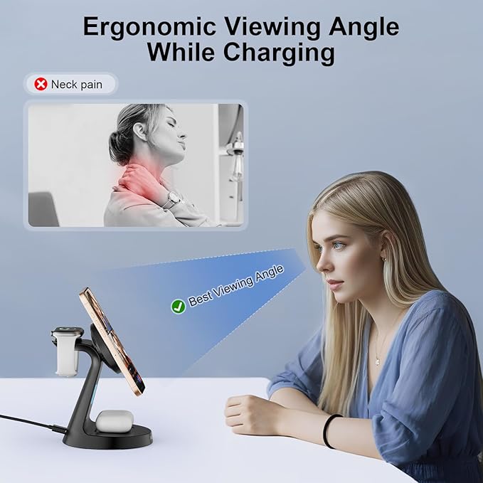 Magnetic Wireless Charger Stand 3 in 1 Charging Station 15W Fast Charging Stand Wireless Charger for iPhone16/15/14/13/12 Series, Watch Series, Earphone,Non-Slip Base