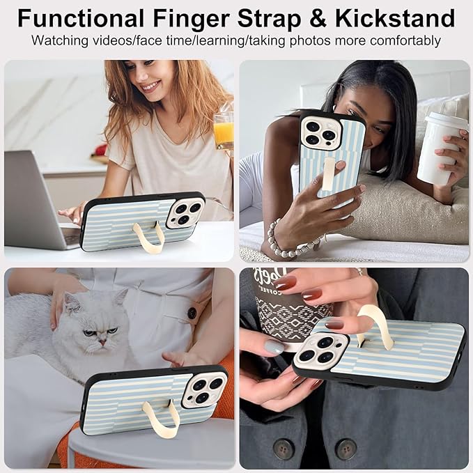 Compatible with iPhone 13 Pro Case with Finger Hand Strap Kickstand, Trendy Cool Striped Phone Case for Women Men, Full Camera Protection Shockproof Protective Cover, White and Blue Stripes