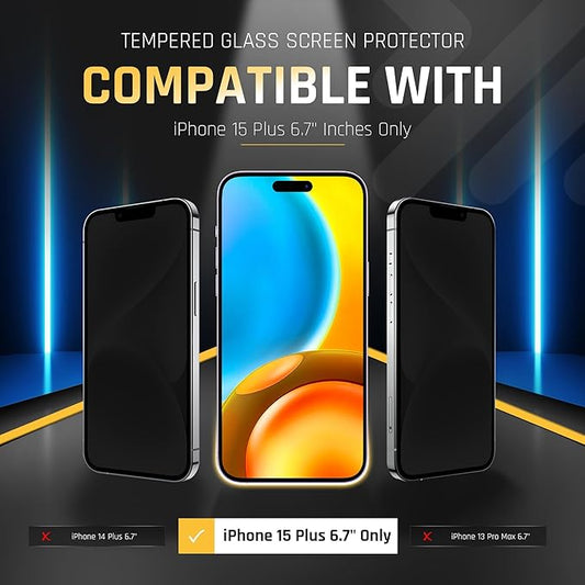 TEMPRTEK+ 2 Pack for iPhone 15 Plus Simple Screen Protector Privacy 9H Military Grade Scratch Fingerprint Resistance Anti-Glare Shatterproof Tempered Glass Anti-Spy Easy Installation Bubble Free