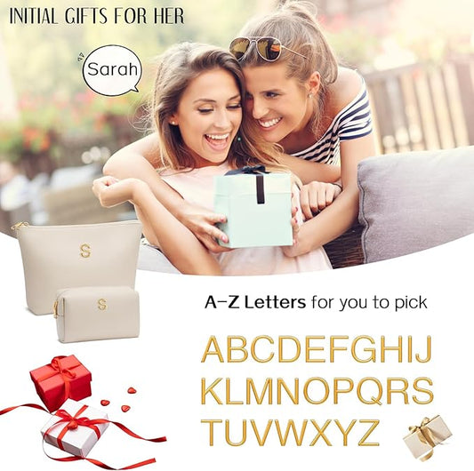 Women Gifts | Initial Makeup Bag Set for Girl Personalized Gifts for Bridesmaid Friend Graduation Teachers PU Leather Cosmetic Travel Toiletry Bag(Beige,M)