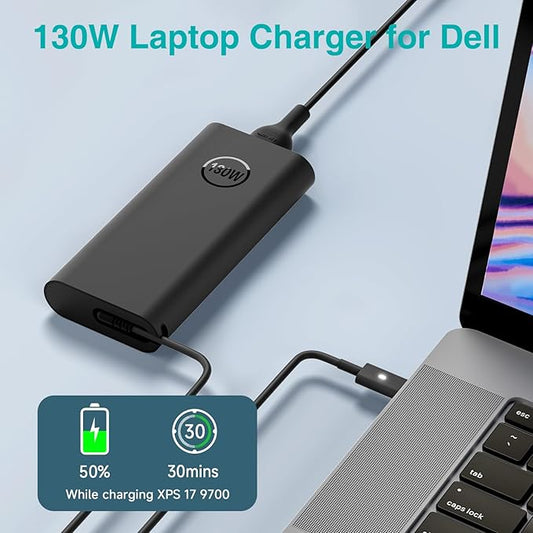 130W USB C Laptop Charger Type-C Power Adapter for Dell XPS 15 2-in-1 9575 XPS 17 9700 Precision 5530 5550 5750 3660 3551 Latitude 7410 7310 7210 9410 9510 5420 5520, 10FT Power Cord