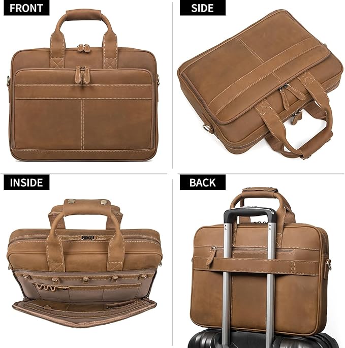 Augus Leather Messenger Bag for Men Vintage Travel Backpack 17 inch laptop Briefcase Shoulder Bags