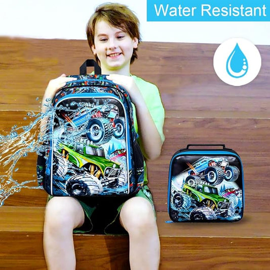 CCJPX 16" Truck Backpack for Boys, 3PCS Cars Kids Water Resistant Preschool Bookbags, Cool Kindergarten School Backpacks and Lunch Box