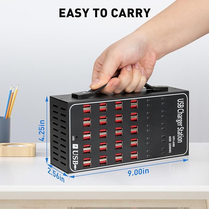 Multiple USB Charging Station 60 Port (40 USB A & 20 USB~C Port), MIXILIN 300W(60A) Fast Charger Station with Power Switch, Desktop USB~C Charger Block Compatible with Phone iPad Kindle Tablet