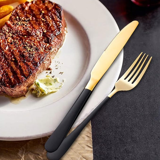 Black Portable Flatware Cutlery Set, TWUTGAYW Stainless Steel Travel Utensils with Case, Reusable Chopsticks Knife Spoons and Forks Set, Gold Camping Utensils Set for Lunch, Office, School, Picnic