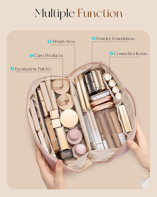 Vlando Makeup Bag,Large Capacity Travel Toiletry Bag,Cosmetic Bags for Women PU Leather Waterproof Portable Pouch with Divider & Handle-Pink