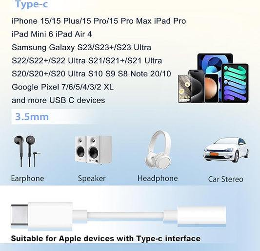USB-C to 3.5 mm Headphone Jack Adapter,USB C to Aux Audio Dongle Cable Cord Compatible with iPhone 15 16 Series, iPad Pro, Galaxy S23/S22 Ultra Headphone Adapter (White, 50 Pack)