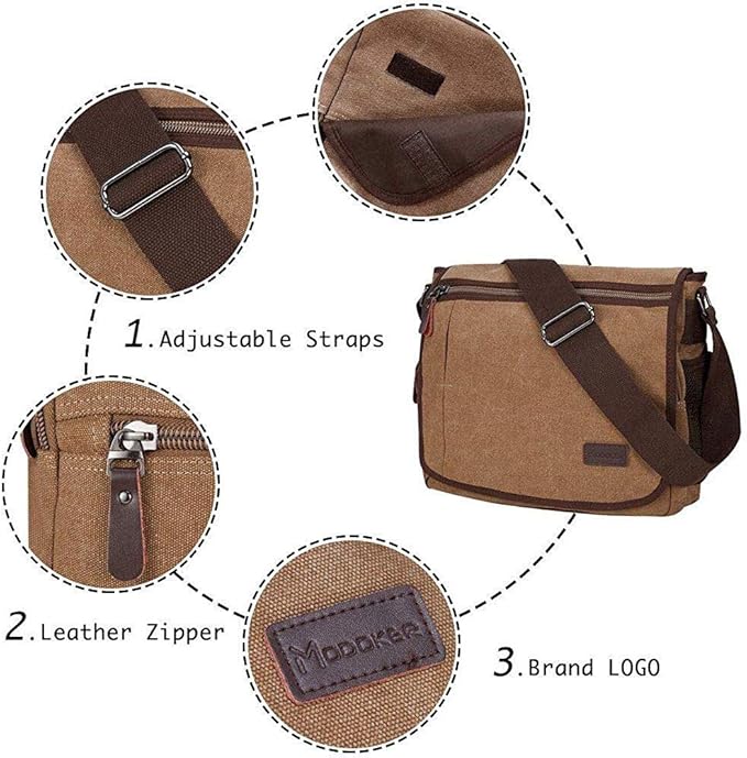 Modoker Messenger Bag for Men, 13 Inches Laptop Satchel Bags, Canvas Shoulder Bag with Bottle Pocket