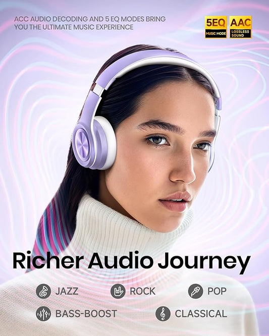 Picun Solo6 Wireless Bluetooth Headphones, 5EQ Music Mode, On-Ear Headphone with Built-in Microphone, Foldable Headset with 140H Battery Life, App Control for Girls, Home, School, Travel (Purple)