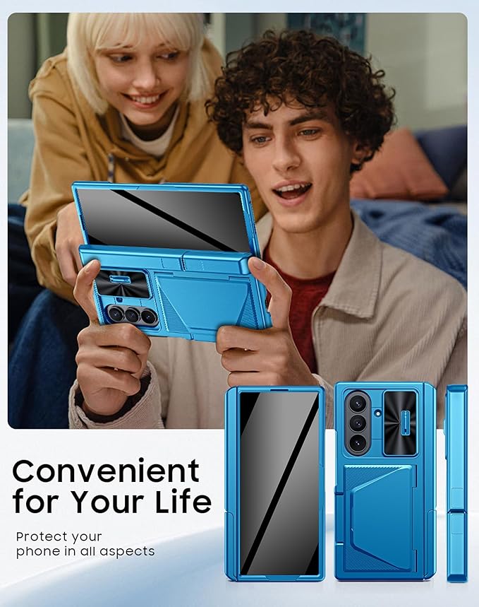 for Samsung Galaxy Z Fold 7 Case with Card Holder RFID Blocking & Privacy Screen Protector & Slide Lens Cover & Hinge Protection & Kickstand, Shockproof Wallet Case for Z Fold 7 (Lake Blue)