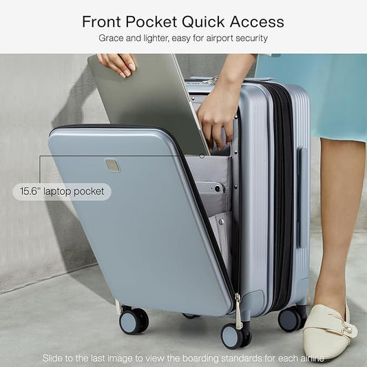 Hanke Grace Expandable Carry On Luggage with Wheels Airline Approved Hard Shell Suitcases with Front Pocket,Top Opening Luggage with TSA Lock for Short Business Travel, Grey.