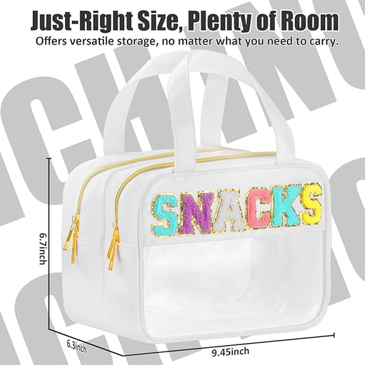 Chenille Letter Clear Makeup Bags Snacks Bag for Travel, Preppy Patch Nylon Cosmetic Pouch with Handles and Zipper, Waterproof Large Clear Travel Toiletry Purse Storage for Women White