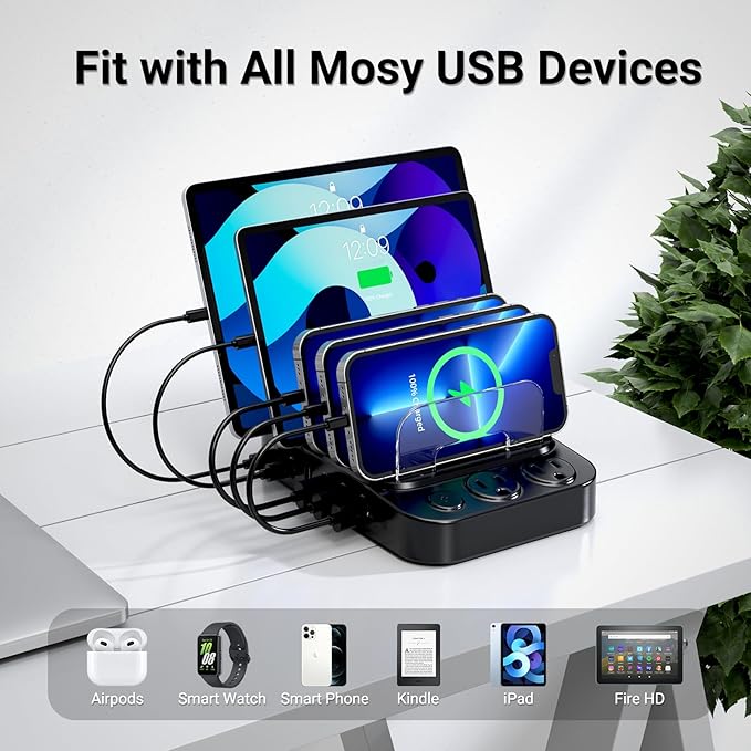 Catlyn Charging Station for Multiple Devices, 8 Port Charger Stations with 6 Mixed Charger Cables Organizer Dock,Compatible for Cell Phone,Tablet, Kindle, iPhone iPad for Family Home Office(Black)