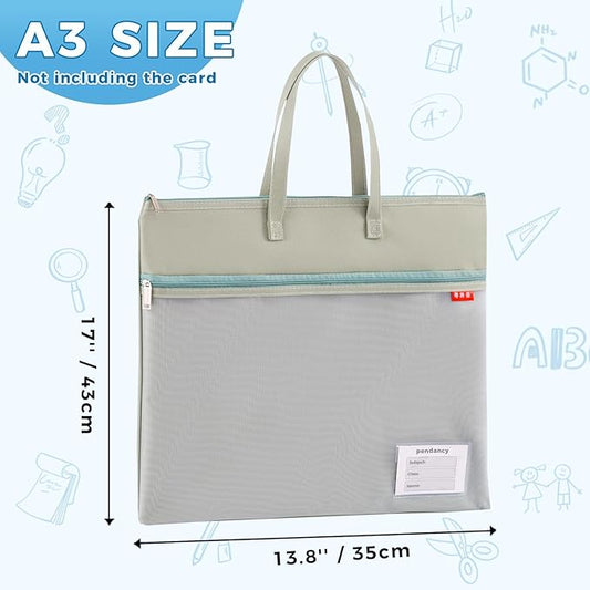 Pendancy Mesh Zipper Pouch A3 Size, Large Double Pocket Waterproof File Bag with Handle, 13x17 in Foldable Document Storage for Puzzle Project/Cross Stitch/Travel/Office(Advanced Green)