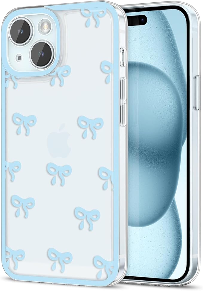 EYZUTAK Case for iPhone 14 Plus, Clear Cute Ribbon Bowknot Pattern Aesthetic Transparent Phone Case Raised Camera Protection Stylish Slim Soft Durable TPU Protective Cover for Women Girls - Blue