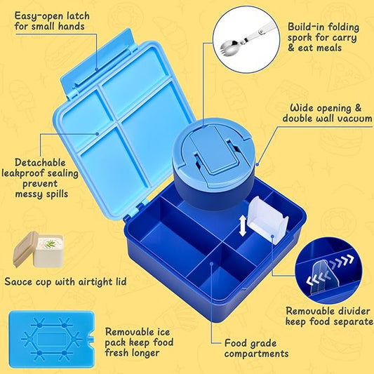 MAXSO Bento Lunch Box Set with 8 oz Soup Thermo, Kids Leakproof 4 Compartments Hot Food Container with Sauce Cup, Ice Pack and Lunch Bag, Child Insulated Food Jar for School - Blue