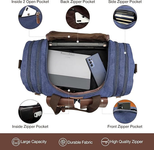 Wildroad 60L Travel Duffel Bag, Expandable Canvas Genuine Leather Duffle Bag Upgraded Overnight Weekender Bag Carry on Bag