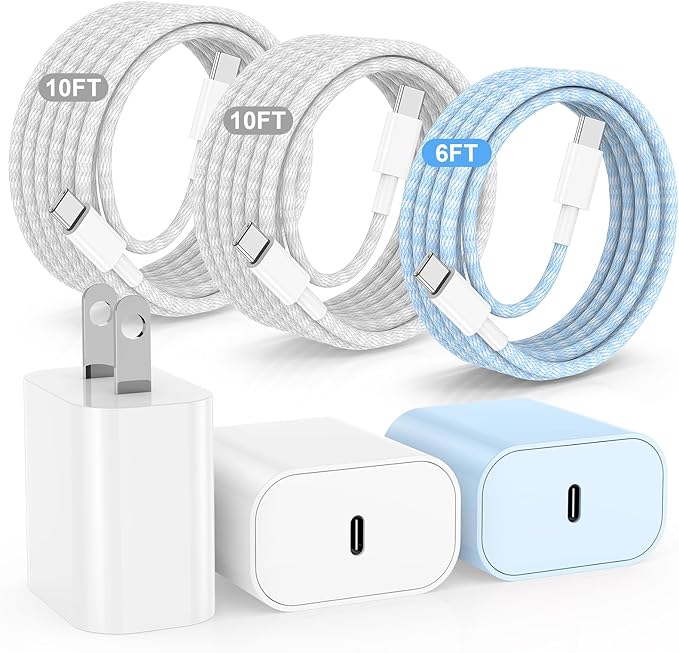 3Pack 20W USB C Wall Charger Block, USB C Charging Adapter,Super Fast Charging Power Plug Cub for iPhone 16/15,i-Pad Pro,Galaxy S25,and More-White+Blue