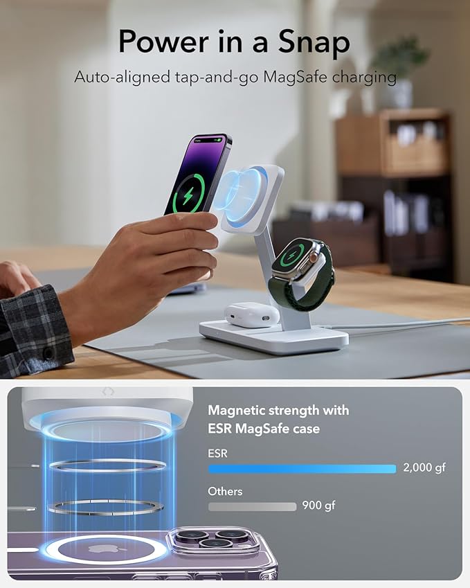 ESR 25W 3-in-1 Charger Stand for Magsafe, Made for Apple-Certified Magnetic Wireless Charger, 15W Charging Station for iPhone 17/16/15/14/13 Apple Watch/AirPods Pro, Phone-Cooling Charger, White