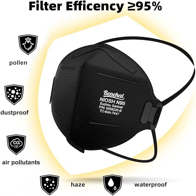 N95 Face Mask Black 50 Pack NIOSH Certified N95 Disposable Respirator 5-Ply Safety Breathable Face Masks Filter Efficiency 95% Adjustable Comfortable Protection Against PM2.5 Dust for Adult Men Women