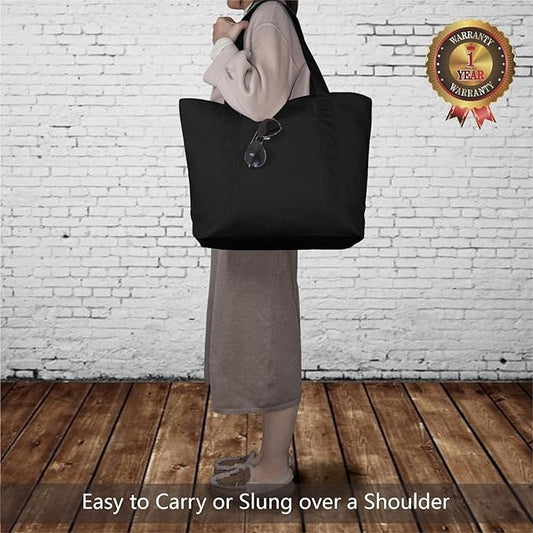 TOPDesign 3-Pack Canvas Tote Bags with an External Pocket, Reusable Grocery Shopping Bags, Top Zipper Closure, Daily Essentials (Black)