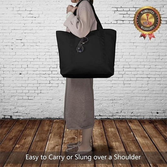 TOPDesign 1-Pack Canvas Tote Bag with an External Pocket, Reusable Grocery Shopping Bag, Top Zipper Closure, Daily Essentials (Black)