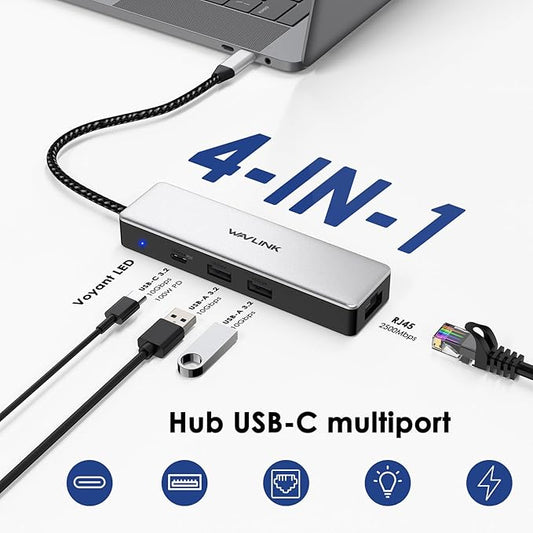 WAVLINK USB C to Ethernet Adapter, 10Gbps Hub with 1* USB-C, 2* USB-A, 2.5Gbps Ethernet Port for Laptop, Type C (Thunderbolt 4/3 Compatible) to Network for MacBook, iPad, Hp, XPS, Windows