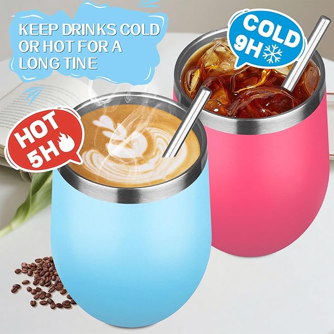 12oz/6 Pack Stainless Steel Wine Tumbler with Lid and Straw, Double Wall Vacuum Insulated Wine Tumbler Glasses, Stemless Travel Mugs for Hot and Cold Drinks, Coffee, Wine, Cocktails(Mix Color-1)