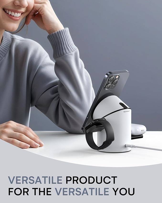 ZEEHOO 3 in 1 Charging Station for Apple Devices, Mag-Safe Charger Stand, Qi2 15W Auto-Rotating Wireless Charger for iPhone 16/15/14/13/12 Series& AirPods& iWatch(White)