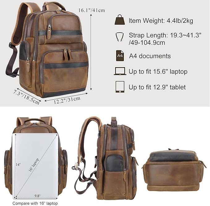 TIDING Men's Vintage Leather Backpack 15.6" Laptop Bag Large Capacity Business Travel Hiking Shoulder Daypacks