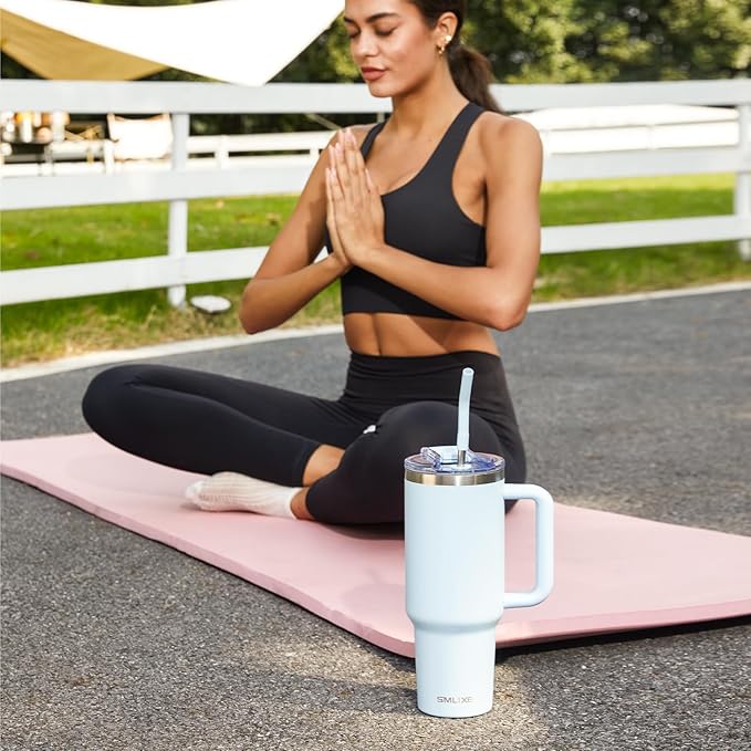 40 oz Tumbler with Handle and Straw Lid,Insulated Reusable Stainless Steel Water Bottle Travel Mug,Cupholder Friendly Double Wall Vacuum Sealed Cup (Sky Blue)