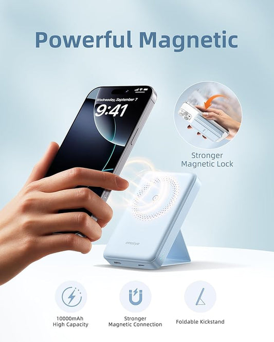 10000mAh Magnetic Wireless Power Bank with Foldable Stand, 3-in-1 MagSafe Charger 20W Fast Charging Compatible with iPhone 17/16/15, AirPods, Samsung Devices | Blue
